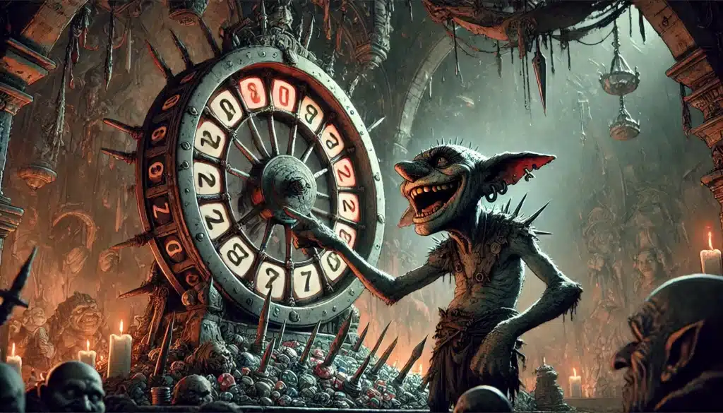 In a dimly lit cavern adorned with skulls, a devious goblin spins a medieval roulette wheel. Lit candles cast eerie shadows, while scattered bones create an atmosphere akin to a shadowy gambling den, where traps abound for the unwary.