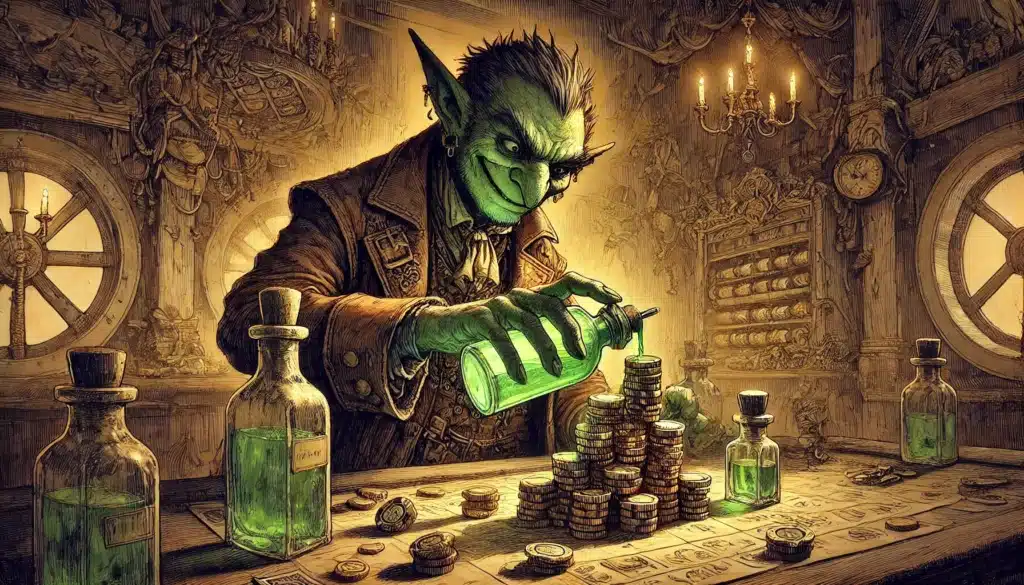 In a dimly-lit room, a green-skinned goblin skillfully stacks coins while pouring a glowing green liquid amid gambling den trappings. The space is filled with various glass bottles, ornate decor, and the warm glow of candlelight.