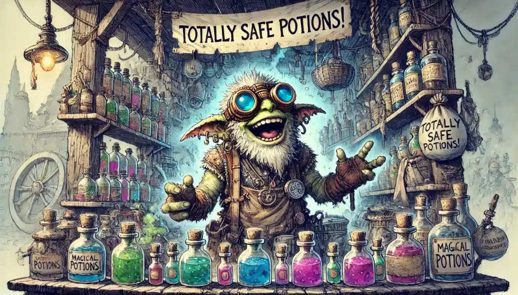A whimsical, devious goblin-like creature stands behind a wooden counter adorned with colorful potion bottles. Totally Safe Potions! banners hang overhead, hinting at a magical market setting. The creature, wearing goggles and a toothy grin, looks like hes up to goblin traps.