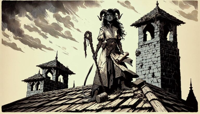 A fantasy character with horns stands on a rooftop, their ornate robes fluttering as they hold a staff and scrolls. Behind them, three stone towers rise against a cloudy sky, setting the stage for an epic boss fight reminiscent of Dungeons & Dragons adventures.