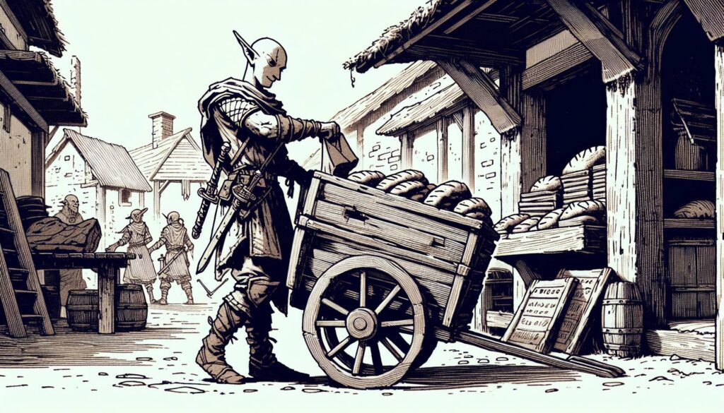 An elf warrior, embodying the Act First, Win Often mantra, loads loaves of bread from a cart into a medieval bakery on the village street. Rustic buildings with wooden beams and thatched roofs surround them, while distant figures and barrels set the perfect vintage fantasy scene.