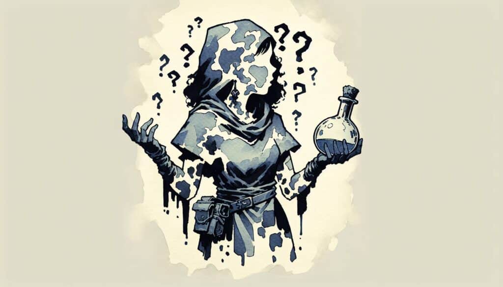 A hooded figure in an abstract, paint-like style clutches a bizarre potion bottle in one hand, question marks swirling around their head. The body dissolves like side effects into paint splashes, merging with the beige background.