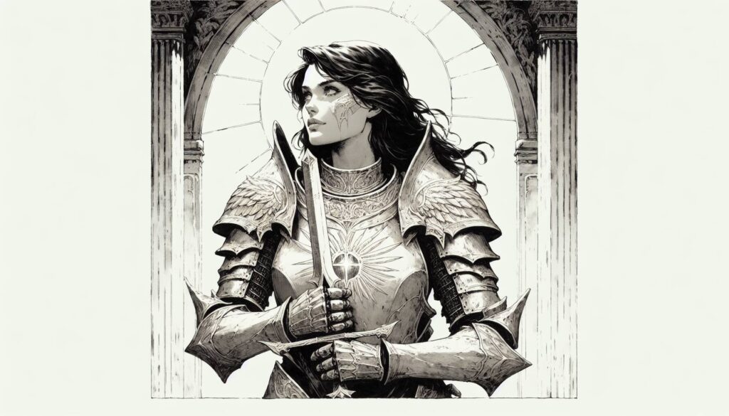 Illustration of a woman in detailed medieval armor holding a sword, standing under an arched stone structure with sunlight streaming above. Her expression is determined, embodying a Lawful Good spirit. The armor features intricate patterns and a radiant emblem on the chest.