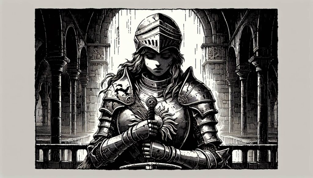 A detailed black and white illustration depicts a knight in ornate armor, embodying a Lawful Good ethos, standing in a Gothic cathedral. The knight gazes down, holding a sword vertically. The background features arches and pillars, enhancing the medieval atmosphere.