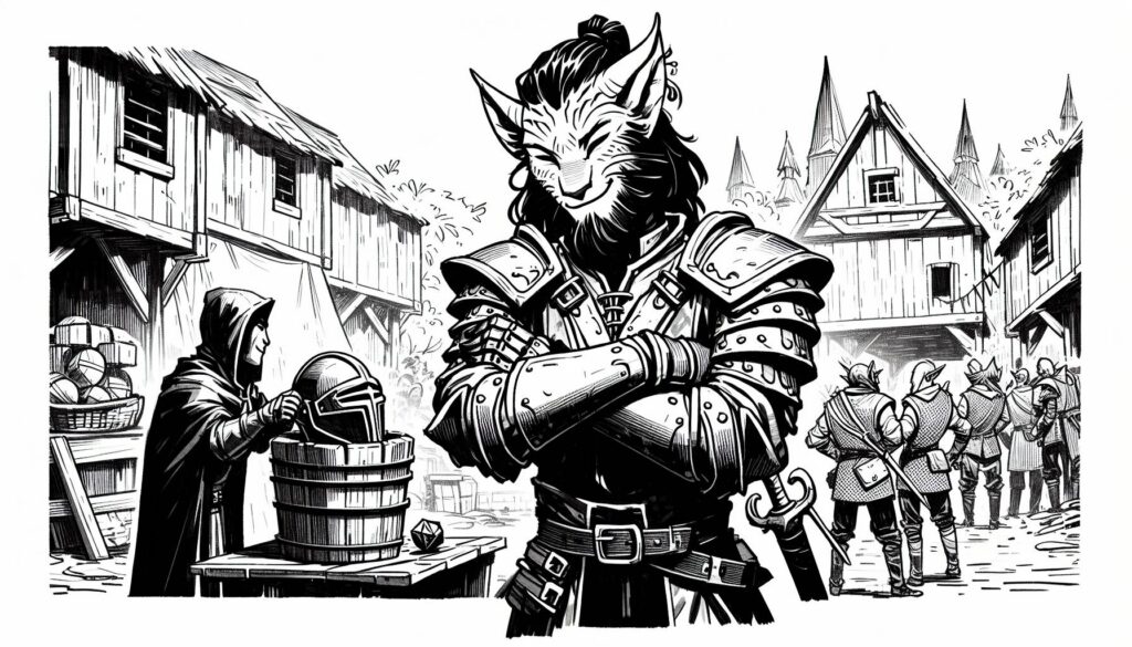 In a whimsical fantasy scene, a smiling anthropomorphic cat warrior in armor stands with crossed arms in a bustling medieval village. Nearby, reminiscent of Dungeons & Dragons adventures, a hooded figure examines a helmet while villagers gather near timber-framed buildings.