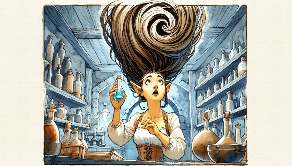A surprised elf with large ears and a medieval outfit stands in a DND potion shop, holding a small vial. Her long hair swirls into a vortex above her head. Shelves filled with bizarre potions line the walls, each promising enchanting adventures or unexpected side effects.
