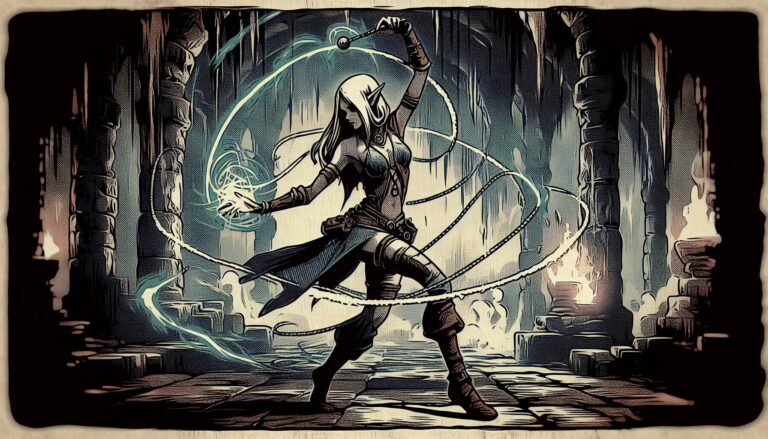 A mystical woman in a dark, stone chamber wields glowing magical energy with a staff, drawing power from an ancient spellbook. Trails of light circle her as she stands confidently. Torches illuminate the ancient setting, adding a mysterious ambiance reminiscent of underrated RPG spells.