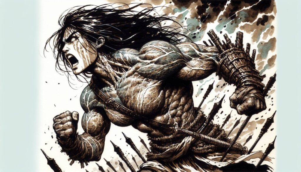 A muscular humanoid creature, embodying ultimate durability, roars fiercely while running. It has long, dark hair, prominent veins, and wears a tattered loincloth. The creatures back is adorned with spikes. In the stormy backdrop of a battlefield strewn with debris, it epitomizes an indomitable fighter build.