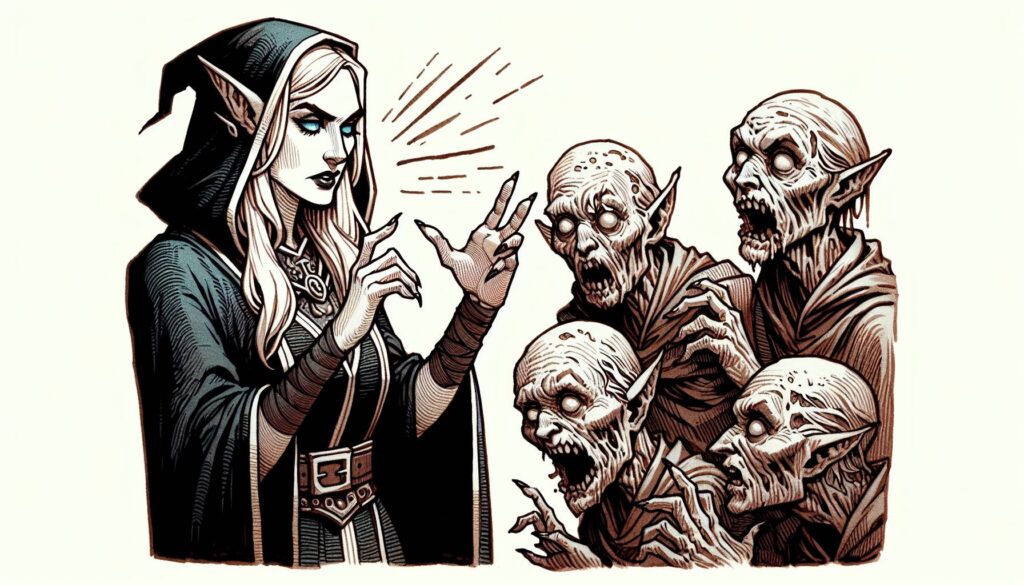A hooded elf with a focused expression casts a spell using hand gestures, reminiscent of D&D 5es detailed magic. Opposite her, four goblin-like creatures react with surprise. The scene is illustrated with contrasting lines, emphasizing the fantasy theme of necromancy.