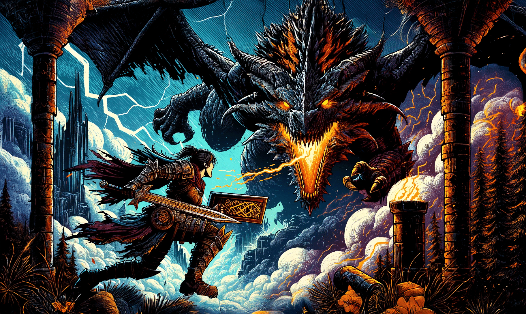 In an epic fantasy scene reminiscent of a tabletop RPG, a knight in shining armor, shield and sword in hand, confronts a massive, fiery dragon. Towering stone pillars and a sky alive with lightning add to the Dungeons & Dragons-worthy tension and drama.