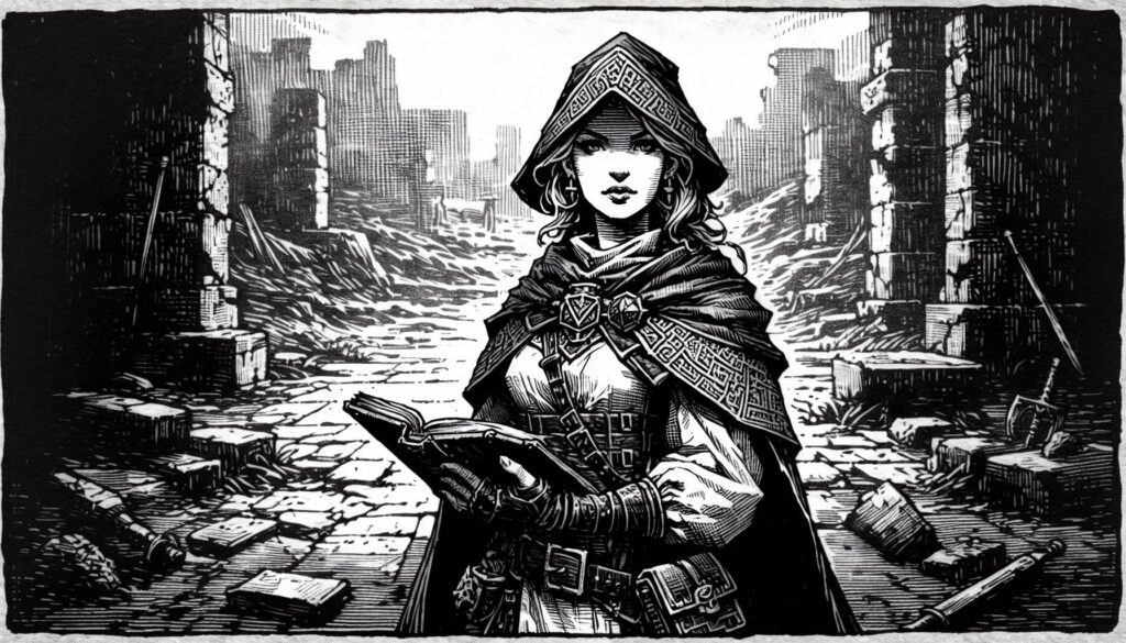 A mysterious woman in medieval attire, reminiscent of a classic RPG character, holds an open book in a ruined, ancient setting. She wears a hooded cloak with intricate patterns, surrounded by crumbling stone structures under a bright sky. The scene is in high-contrast black and white.
