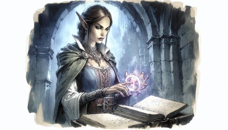 A female elf in a medieval outfit stands in a stone archway, her long, pointed ears catching the light. She holds a glowing, purple orb above an open book of ancient artifacts, imbuing the scene with a mystical and magical atmosphere reminiscent of D&D adventures.