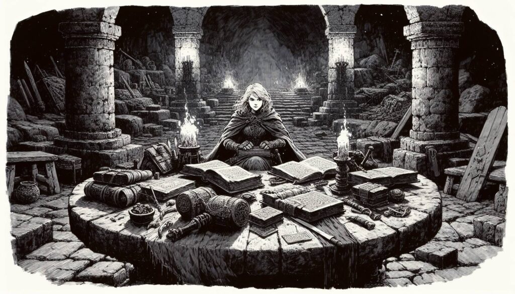 A figure resembling an epic wizard is seated at an ancient, round stone table in a dimly lit, arched dungeon. The table is cluttered with open books, scrolls, and lit candles, creating a mysterious, scholarly atmosphere in grayscale.