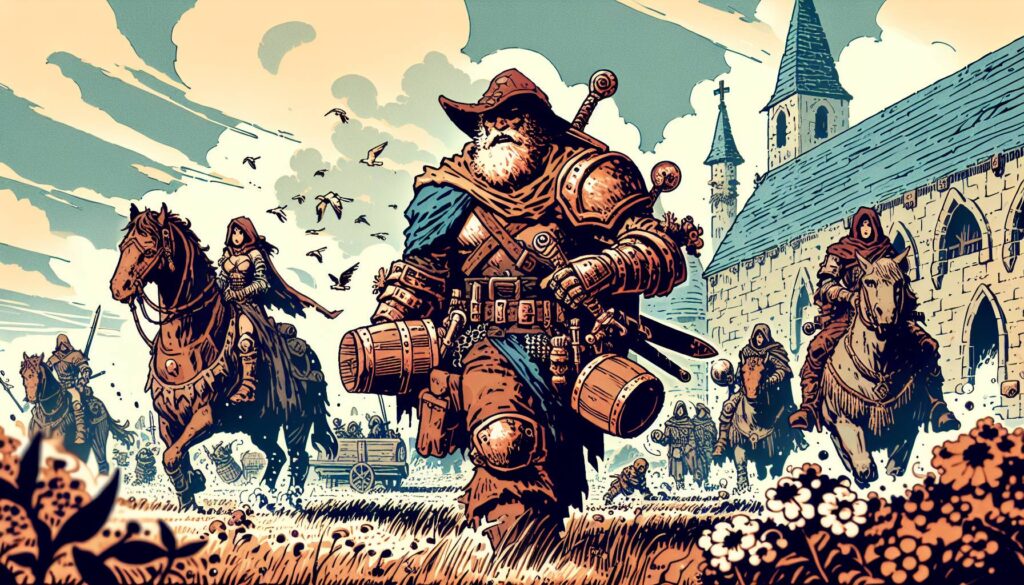 In a medieval scene reminiscent of Dungeons and Dragons, an armored knight carries two barrels across a field. Nearby, fellow knights ride on horseback while birds soar above. A church with a pointed steeple graces the background, as daisies decorate the foreground like something out of a DND 5e backdrop.