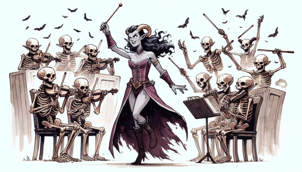 In a dark, whimsical fantasy scene reminiscent of a D&D 5e campaign, a horned, gothic conductor uses necromancy to lead a skeleton orchestra. The skeletons animate the party with violins and cellos, surrounded by flying bats. The conductor’s flowing red dress adds flair to the eerie composition.