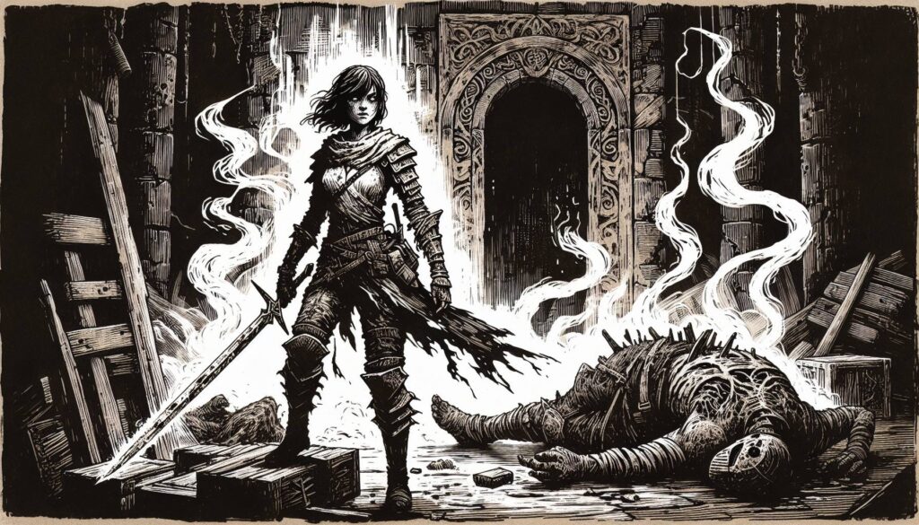 A warrior clad in dark armor stands confidently in a ruined stone structure, sword in hand. Mist swirls around as if hinting at epic boss fights, while a fallen mummy-like figure lies nearby. In the background, an archway reminiscent of Dungeons & Dragons adventures is intricately carved.