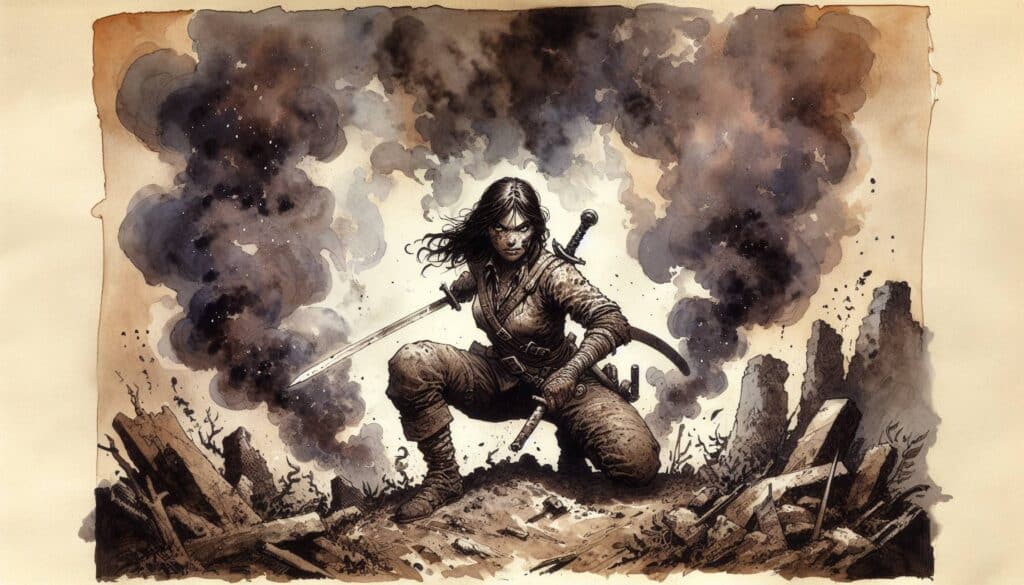 Amid ruins and smoke, a D&D warrior with long hair crouches, gripping a sword. The scene is dramatic and intense, evoking resilience in battle. Dark tones dominate, with debris and columns of smoke enshrouding the figure like a game of hide-and-seek shenanigans in a shattered world.