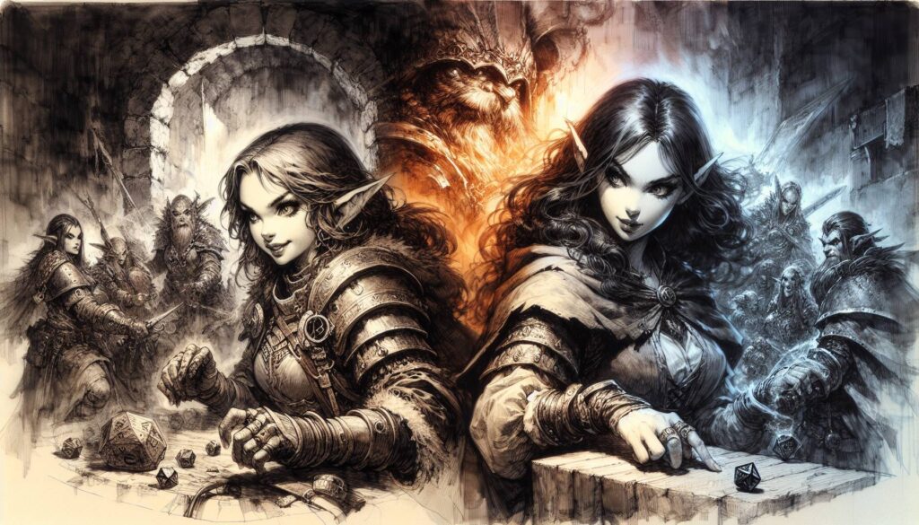Two female elves in armor stand back-to-back, engaging in a roleplaying session at a table with dice. One side is dark and fiery with an orange glow, the other icy and blue—a perfect depiction of lawful vs. chaotic characters as other fantasy figures prepare for battle in the background.