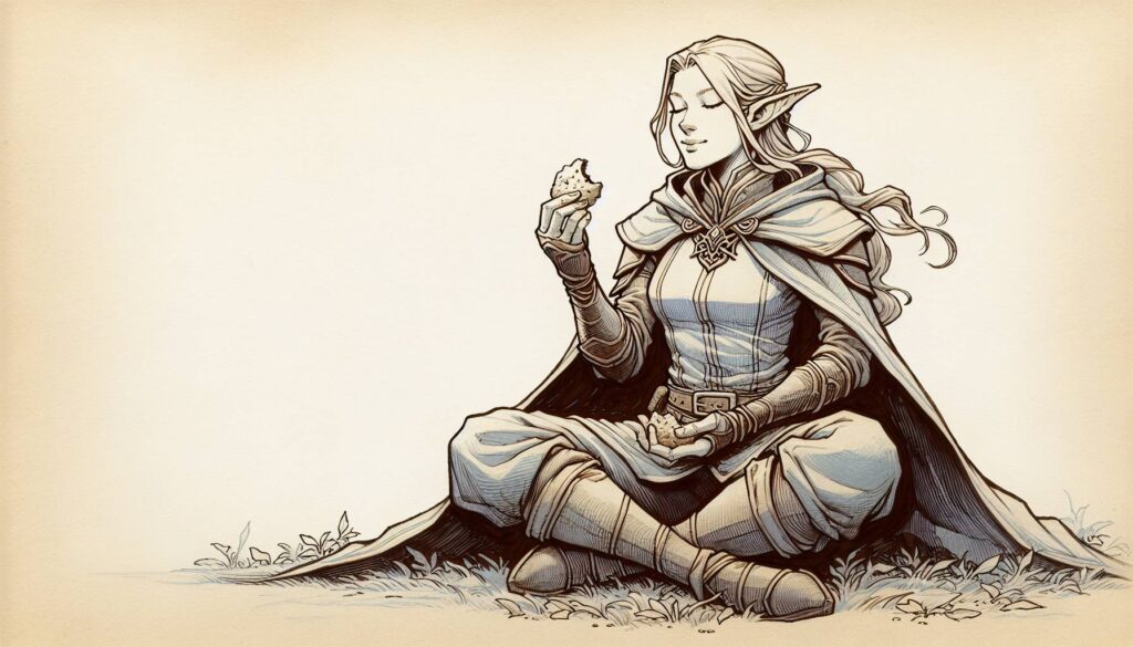 An elf with long hair and pointed ears sits cross-legged on grass, her medieval-style attire hinting at a Lawful Good nature. With a cape draped elegantly, she holds a piece of fruit, embodying serenity. The minimal background emphasizes her contemplative demeanor.