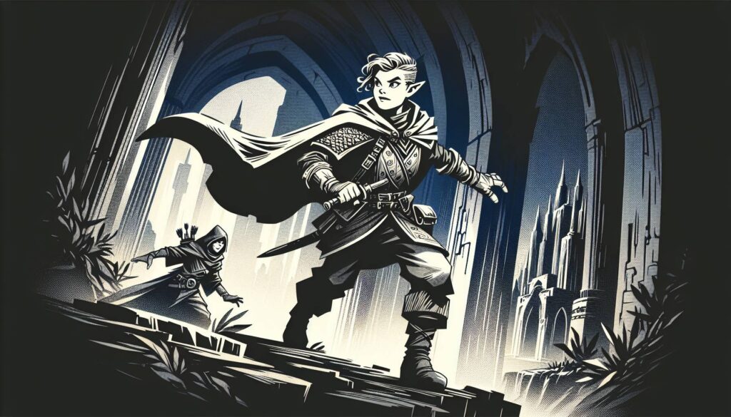 A fantasy-style illustration features an elf with a cloak navigating ancient ruins, with another cloaked figure in the background. The setting is dark and mysterious, with towering arches and overgrown foliage.