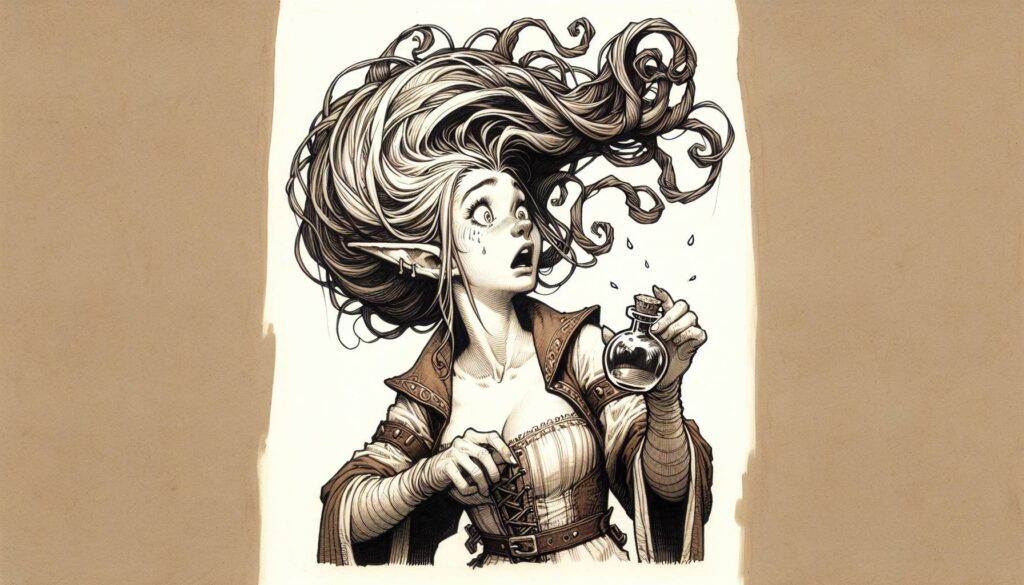 A surprised elf with long, swirling hair and pointed ears holds a bizarre potion bottle that drips ominously. Dressed in a detailed, medieval-style outfit with a cloak, the scene captures the essence of DND magic in sepia tones, hinting at unforeseen side effects.