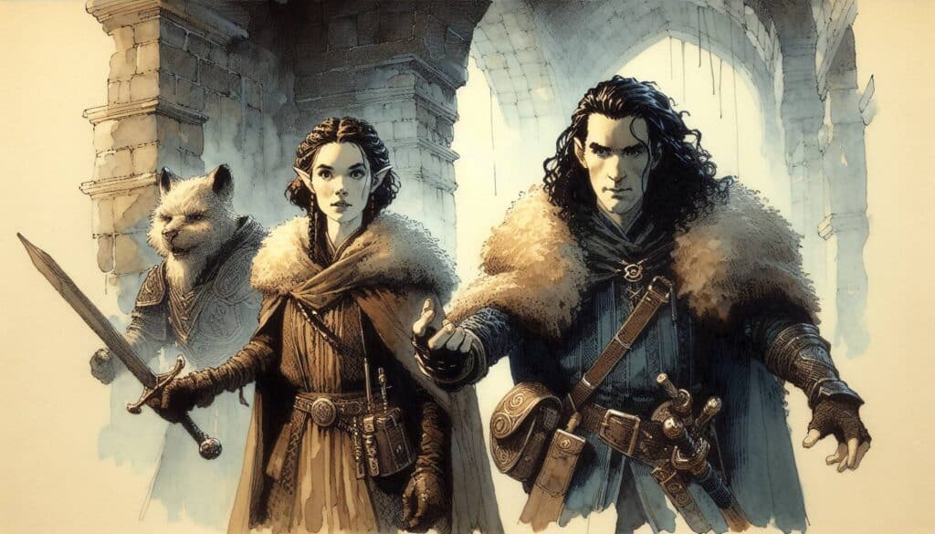 A fantasy illustration depicts a man and woman in fur-lined cloaks, both wielding swords, with a wolf-like creature by their side. They stand in a stone archway, exuding a determined aura typical of D&D Alignment Guides take on Lawful vs. Chaotic Characters dichotomy.