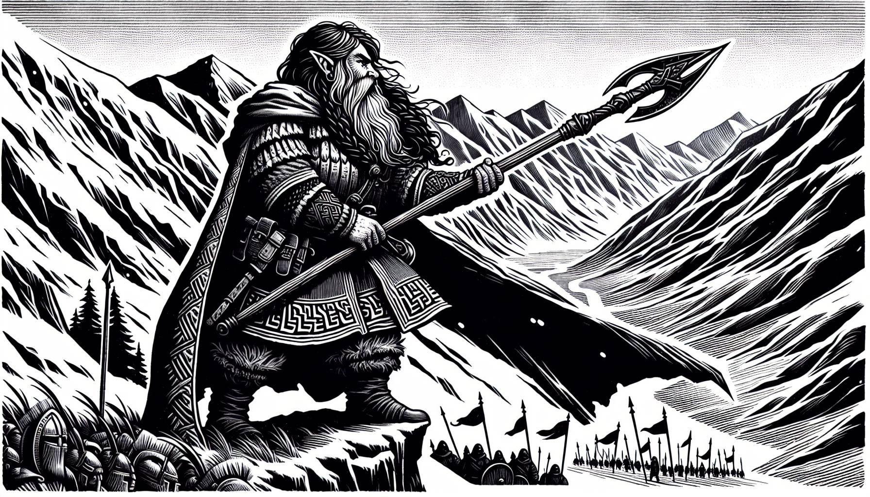 Illustration of a warrior with a long beard holding a spear, standing on a mountain ledge. He overlooks a valley with snow-covered peaks, a river, and a distant crowd of soldiers with flags. The scene exudes the D&D alignment of Lawful Good and is depicted in a black-and-white, woodcut style.