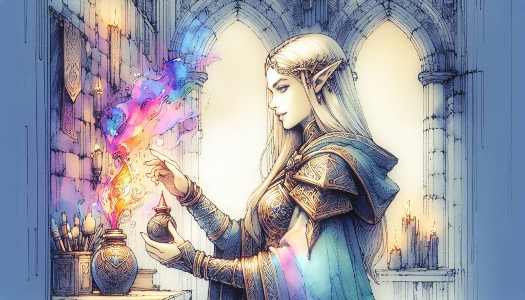 A mystical elf with long hair and intricate robes expertly studies a swirling, colorful potion in a vial. She stands amidst D&D-inspired arches in an ancient stone room, surrounded by candles and potion bottles, ready to embark on new mystery adventures.