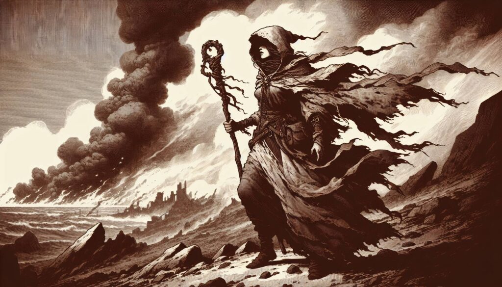 A mysterious figure in tattered robes and a hood stands on rocky terrain, holding a staff with swirling tendrils of magic. Dark smoke and clouds billow in the background, with a distant view of ruins along the shoreline—an RPG world where incantations hold power.