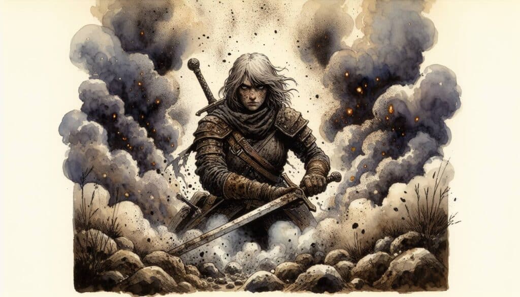 Amidst swirling smoke and ash, a D&D warrior with long white hair and armored clothing wields a sword, dodging dice with precision. The scene brims with intensity and action as dark clouds loom and embers scatter around the agile figure.