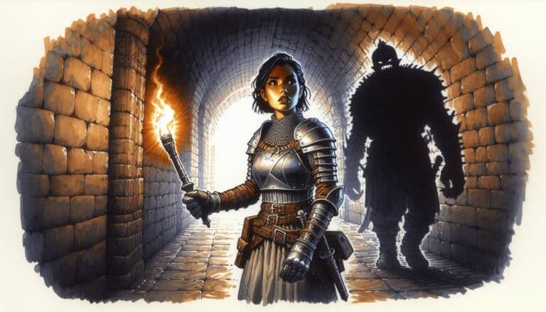A woman in armor clutches a torch in a dimly lit stone hallway, embodying the spirit of D&D adventure. She looks alert and focused, like shes poised for a game of perilous Hide and Seek. In the distance, an armored figures silhouette approaches, casting an ominous shadow on the wall.
