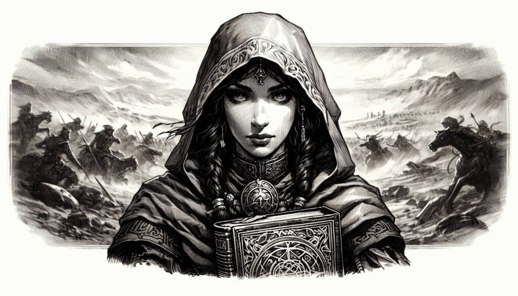 A mysterious hooded woman with intricate designs on her robe holds a book adorned for magic incantations. Her gaze is intense. In the background, warriors on horseback charge across a misty, barren landscape in RPG style. The image is in monochrome.
