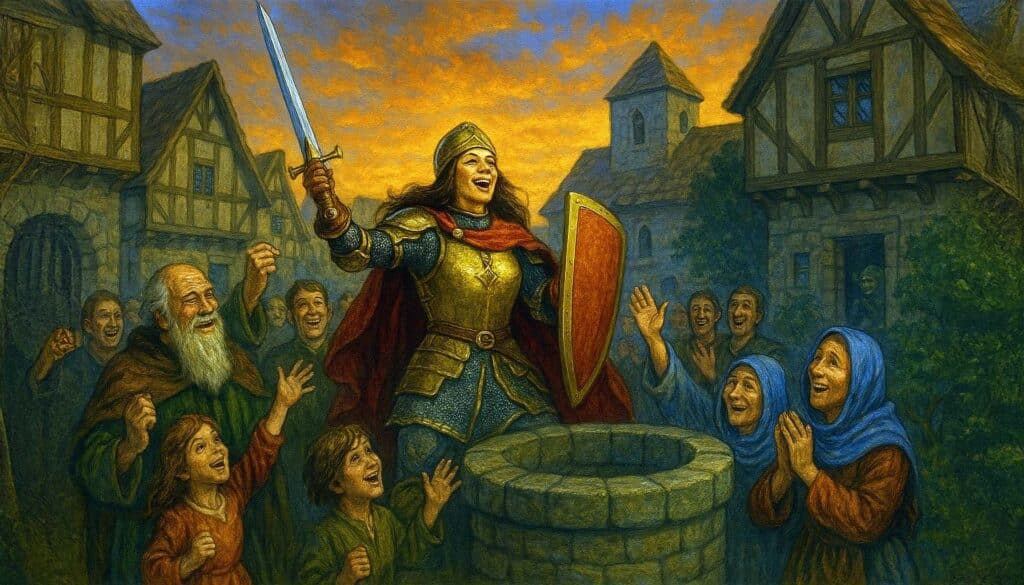 A joyful medieval scene unfolds as a female knight in armor, resembling a hero from a Dungeon Masters tale, stands on a well. She holds her sword and shield high, surrounded by cheering villagers resembling NPCs, with children and an elderly man against houses and a church tower under an orange sky.