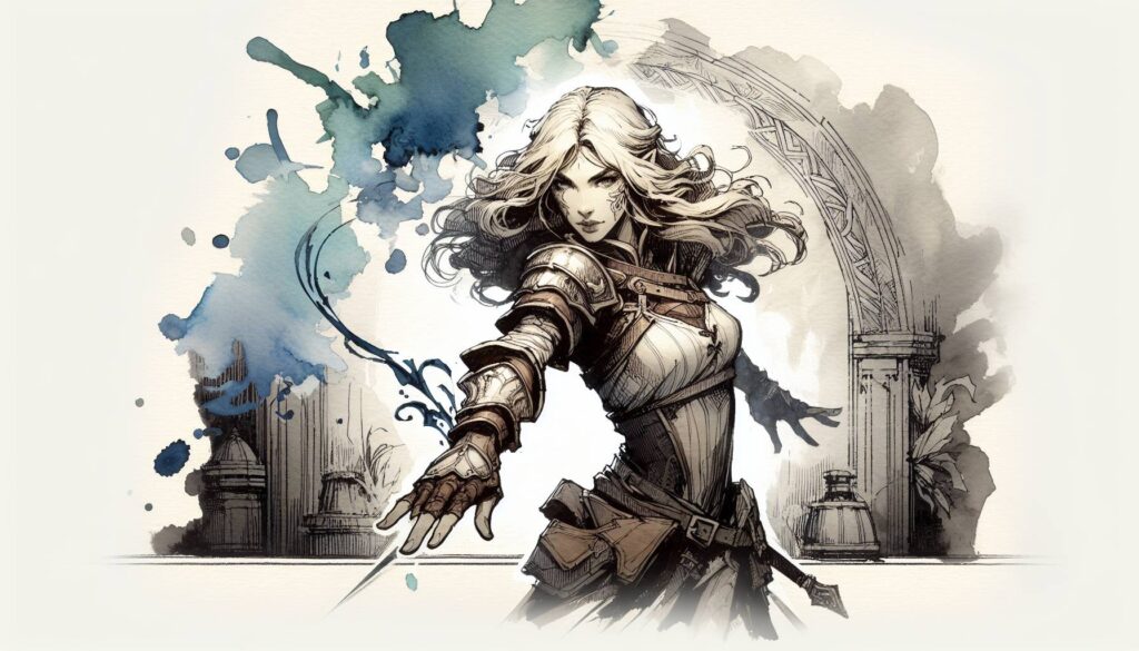 A warrior woman with flowing hair and armor, holding a sword, stands confidently. Behind her, architectural arches and faint watercolor splashes create a dynamic backdrop, blending fantasy art with the depth of D&D multiclass character builds.