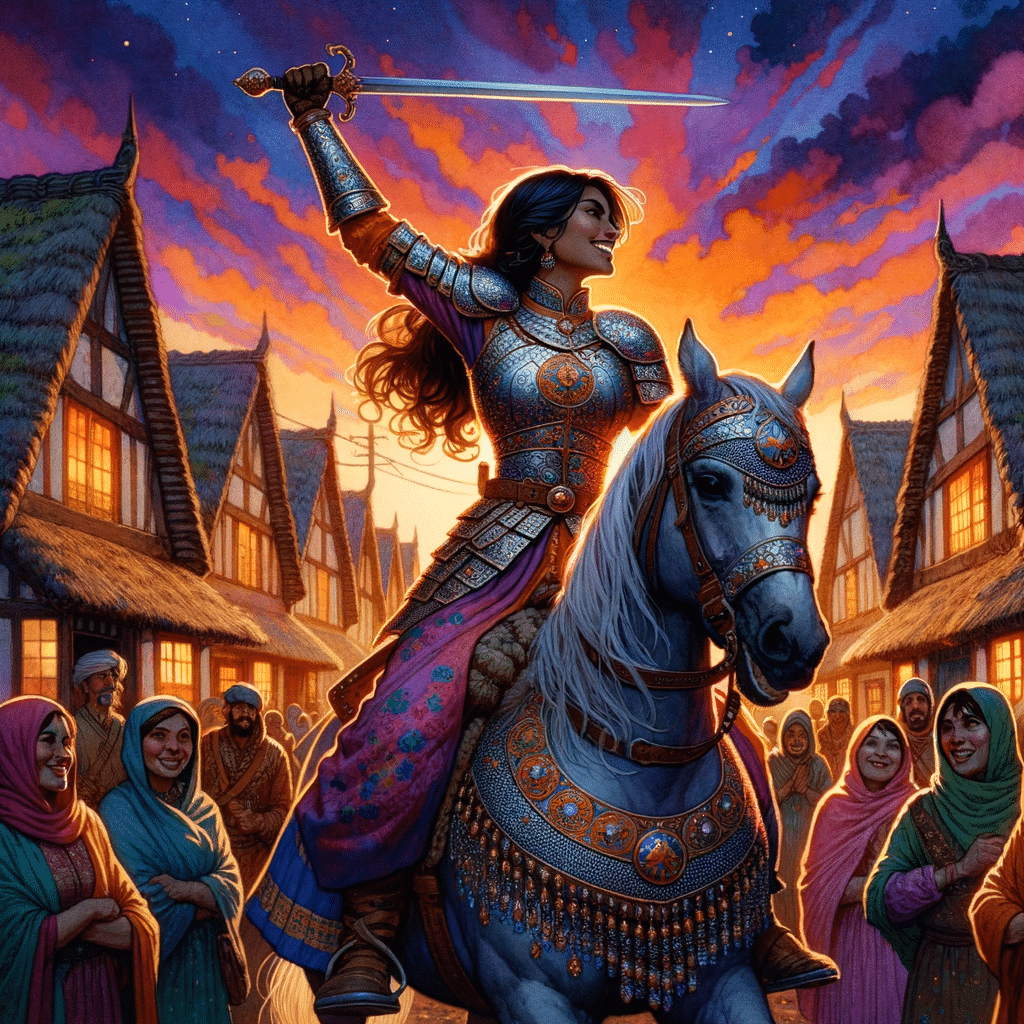 A warrior in ornate armor triumphantly raises a sword while riding a decorated horse. Villagers in vibrant clothing gather around, looking on in admiration. The sky is a dramatic mix of orange, pink, and purple hues.