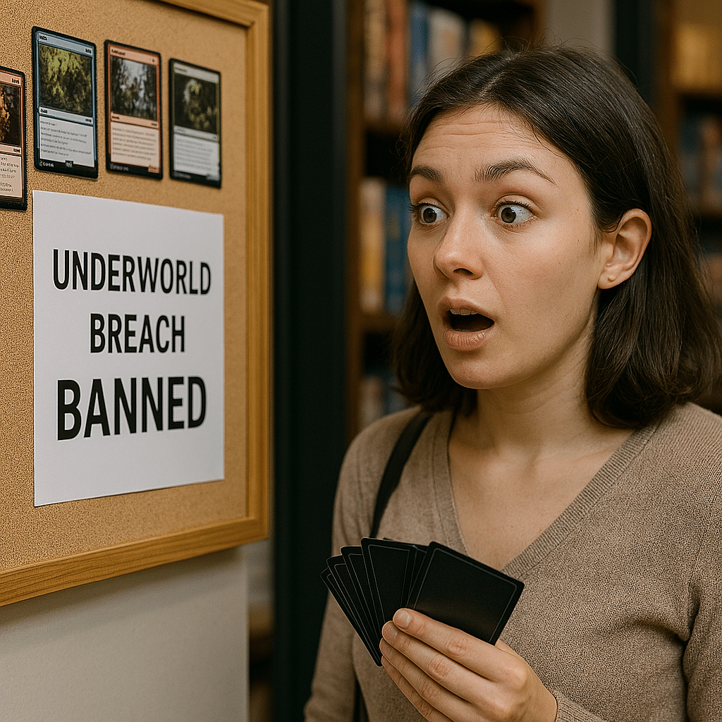 A person with a surprised expression stands before a notice board displaying cards and a sign saying Underworld Breach BANNED in MTG Modern. Clutching several gaming cards in one hand, they seem taken aback by the sudden ban announcement.