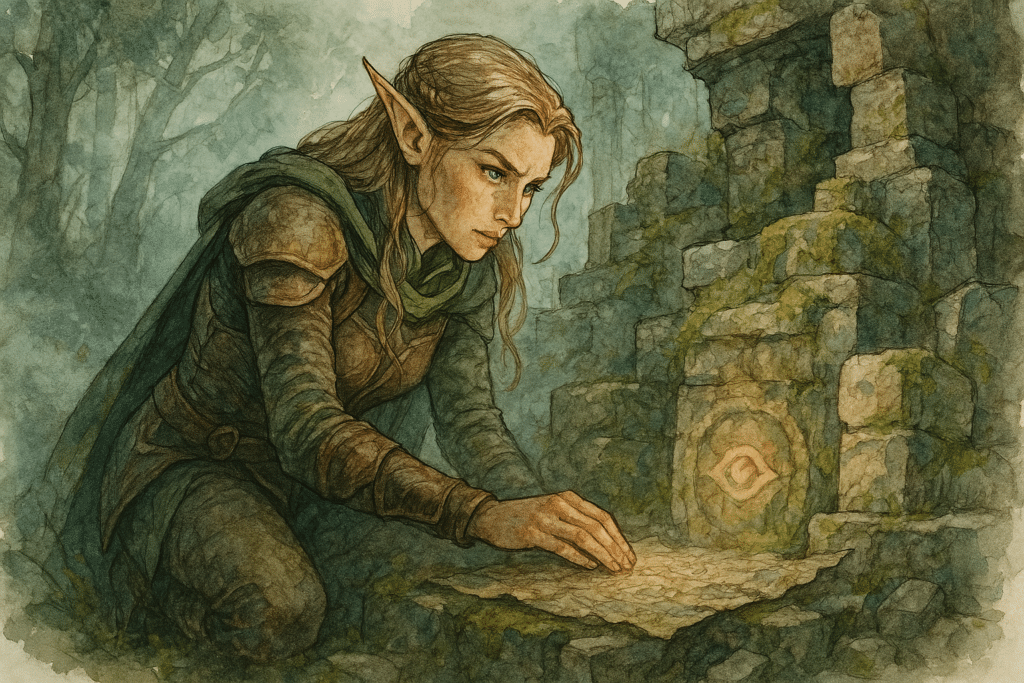 An elf in leather armor and a green cloak examines a glowing map amidst ancient, moss-covered stone ruins in the mystical forest. With pointed ears and a focused expression, subtle light enhances the magical atmosphere—a perfect setting for an epic TTRPG campaign.