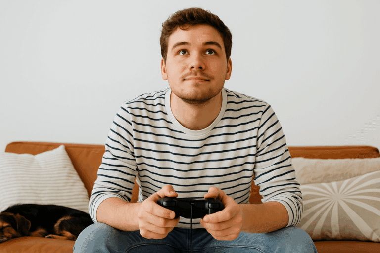 A young man in a striped shirt sits on a couch, holding a game controller and looking upward, his mind active. There are pillows behind him and a dog lying on the couch to his side, hinting at a break from idle games.