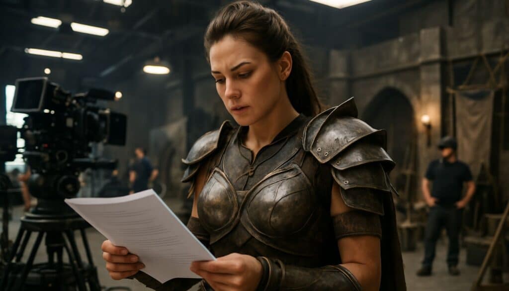 A woman in armor studies a script on the film set of a live-action D&D TV show. She stands before a large camera, surrounded by crew members and medieval-style props, capturing the imagination of fans with its historical or fantasy flair.