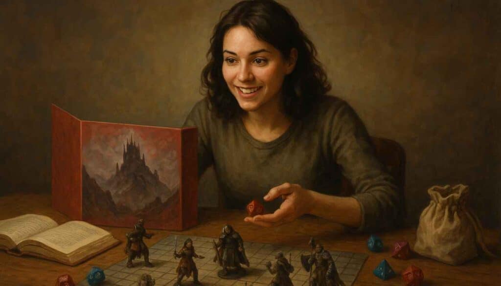 A person with dark hair smiles while immersed in an exciting TTRPG campaign. They hold a red die, with a game board, miniatures, and a screen featuring a castle illustration in front of them. A pouch and book are on the table.