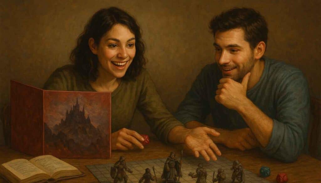 A woman and a man sit at a table immersed in an exciting TTRPG campaign. The woman smiles while gesturing at miniature figures on a grid. A game screen with a castle image and an open book are on the table. Both appear engaged and excited.