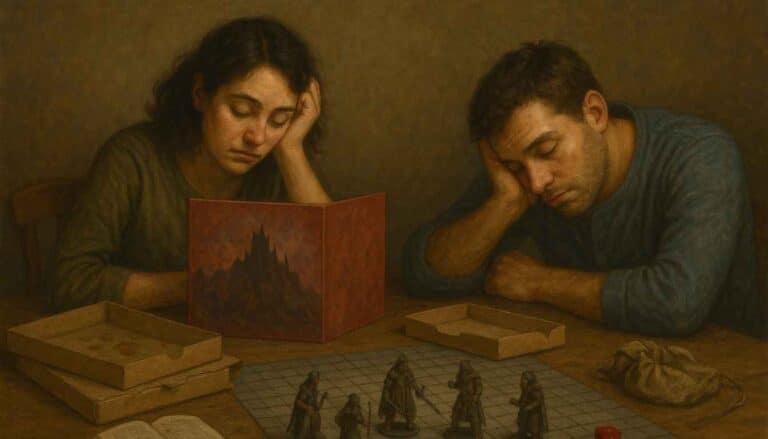 A man and a woman sit tiredly at a table immersed in their TTRPG campaign. Both have their heads resting on their hands, eyes closed. Miniature figures dot the grid board, while a red screen with a castle image stands before these weary players.