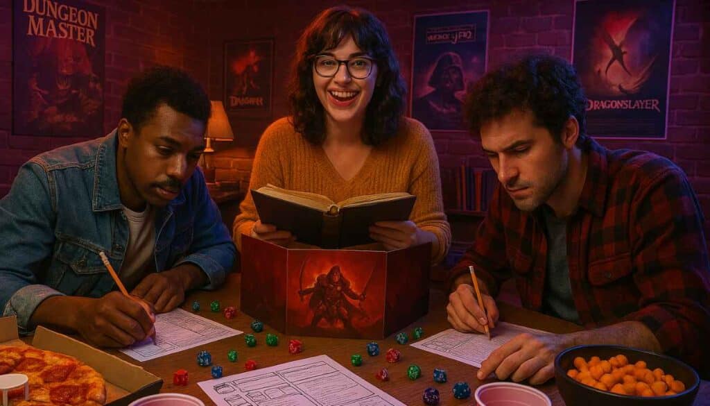 Three people play a tabletop RPG. A smiling woman with a DND rulebook sits behind a game screen, while two men focus on character sheets. Colorful dice, snacks, and posters enhance the cozy, immersive setting.