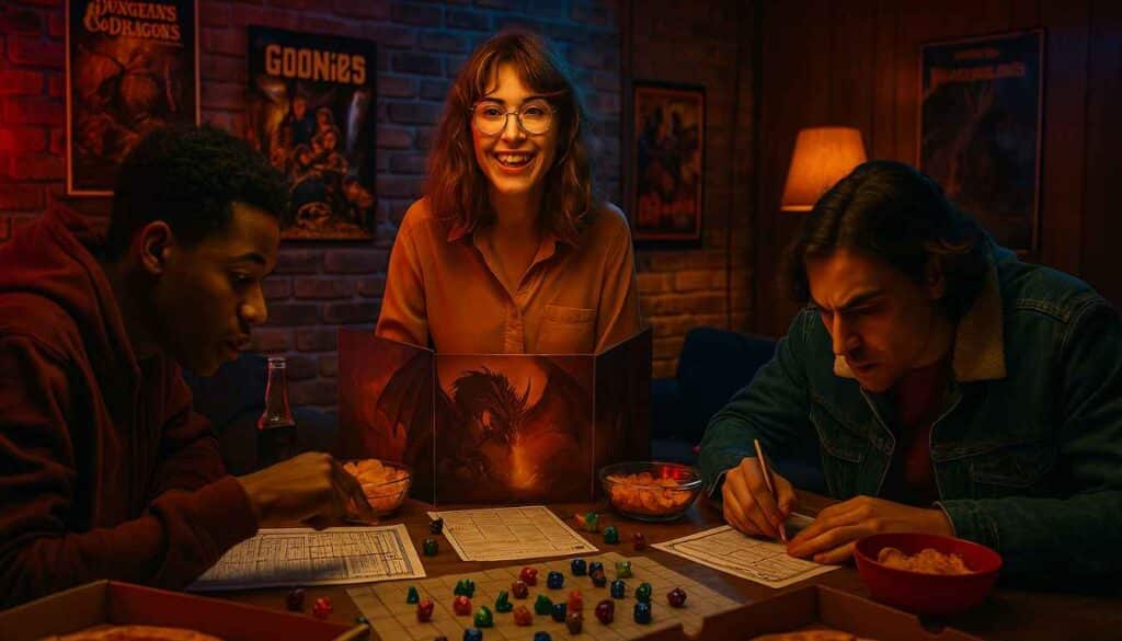 Three people immersed in a 2025 tabletop role-playing session. The center person, smiling, stands behind a screen while the others focus on DND character creation checklists. Dice, snacks, and pizza cover the table. Brick walls and game-themed posters set the scene perfectly.