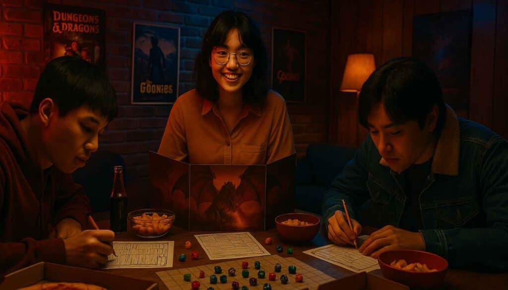 In 2025, three friends engage in a DND adventure. Two men focus intently on their character sheets, the result of meticulous DND character creation. Meanwhile, a woman smiles from behind her dragon-screen as the Dungeon Master. Dice and snacks fill the table beneath poster-covered brick walls.