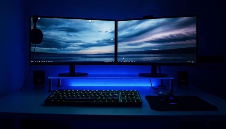 A dark room with a dual-monitor computer setup on a desk. The monitors display a serene ocean scene under a cloudy sky. A colorful backlit keyboard, mouse, and mouse pad are in front, with headphones hanging on the left monitor.