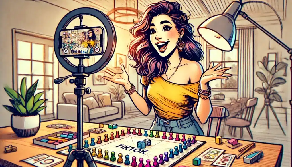 A person excitedly films a TikTok video with a smartphone on a tripod. Theyre playing a board game inspired by TikTok. The setting is a cozy, well-lit room with plants and furniture in the background.