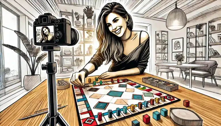 A woman smiles while playing a board game in a cozy room. A camera on a tripod records her. The room has wooden shelves, plants, and a large round light fixture. Everything is mostly in black and white, with board game pieces in color.