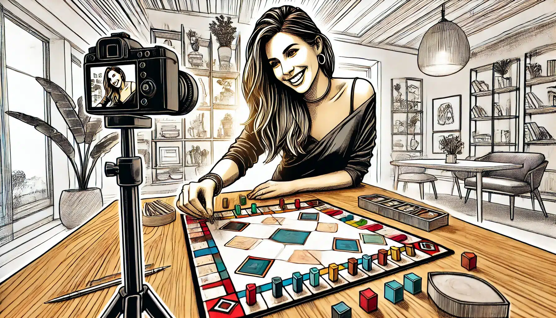 A woman smiles while playing a board game in a cozy room. A camera on a tripod records her. The room has wooden shelves, plants, and a large round light fixture. Everything is mostly in black and white, with board game pieces in color.