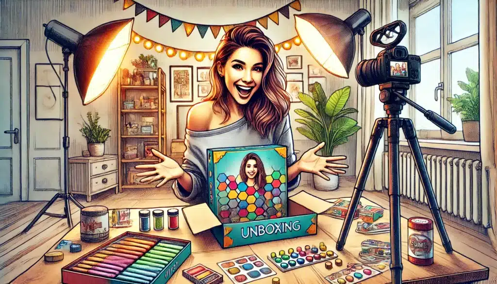 A woman is excitedly unboxing art supplies on a table, surrounded by paints, brushes, and pastels. Shes in a well-lit room with plants, wall art, and string lights. A camera on a tripod captures the scene.